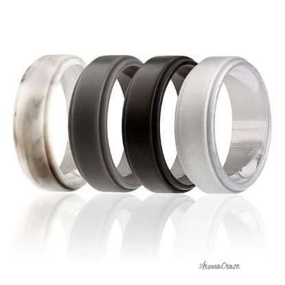 Picture of Silicone Wedding Ring - Step Edge Style Set by ROQ for Men - 4 x7 mm Marble, Black, Grey, Silver