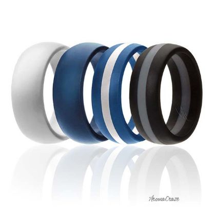 Picture of Silicone Wedding Ring - Dome Style with Middle Line Set by ROQ for Men - 4 x 16 mm White, Blue, Blue with White Line, Black with Grey Line